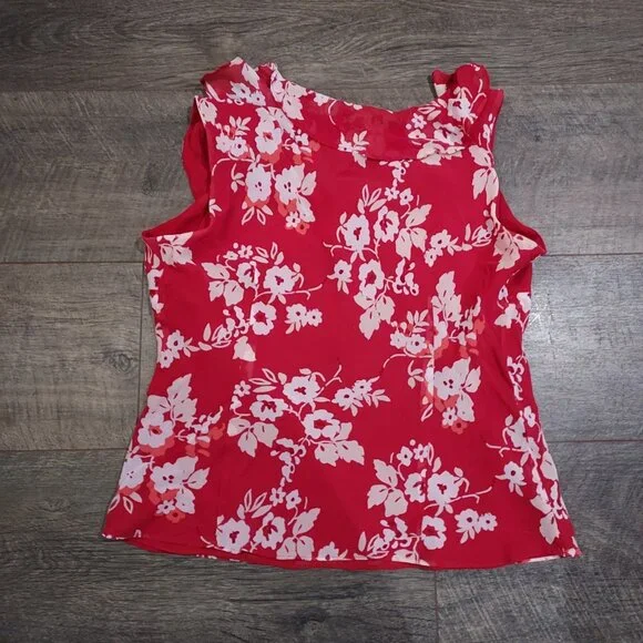 Ann Taylor Loft Silk Ruffle Sleeveless Blouse Red White Pink Beach Summercore - Picture 10 of 11